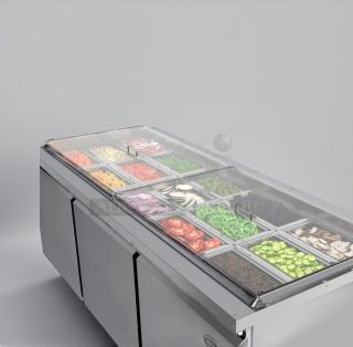 Brand new Koolmore 72" refrigerated prep station, model KM-RBT-72C, scratch & dent, multiple compartments, stainless steel.