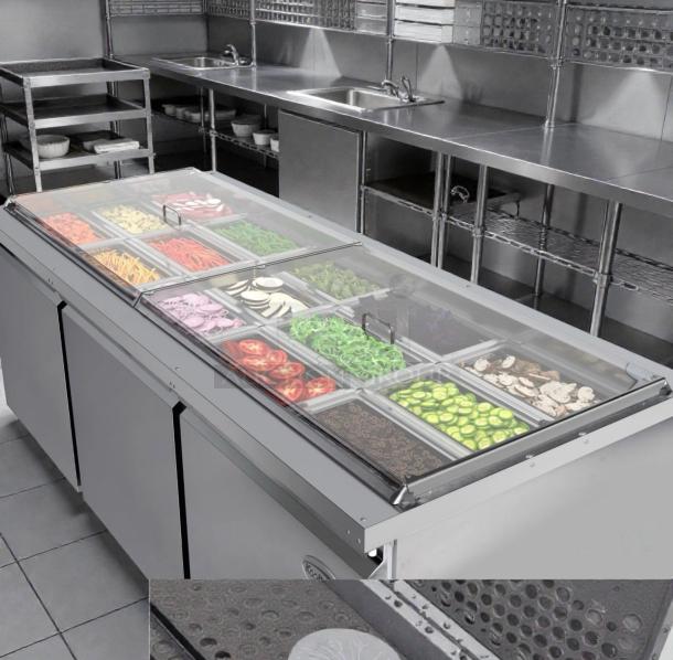 Brand new Koolmore 72" refrigerated prep station KM-RBT-72C, scratch & dent, cold table with multiple ingredient compartments.