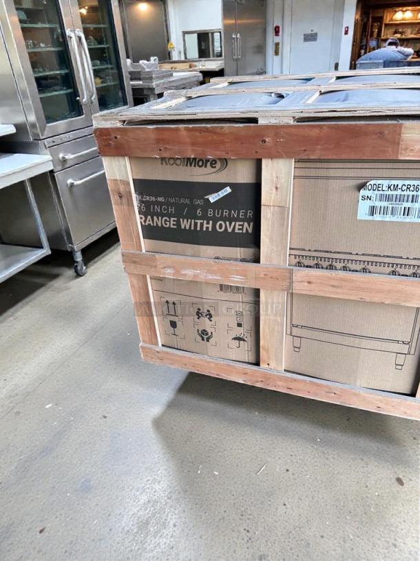 Brand new KoolMore 36" gas range with oven, model KM-CRG36-NG, in original packaging, marked as scratch & dent.