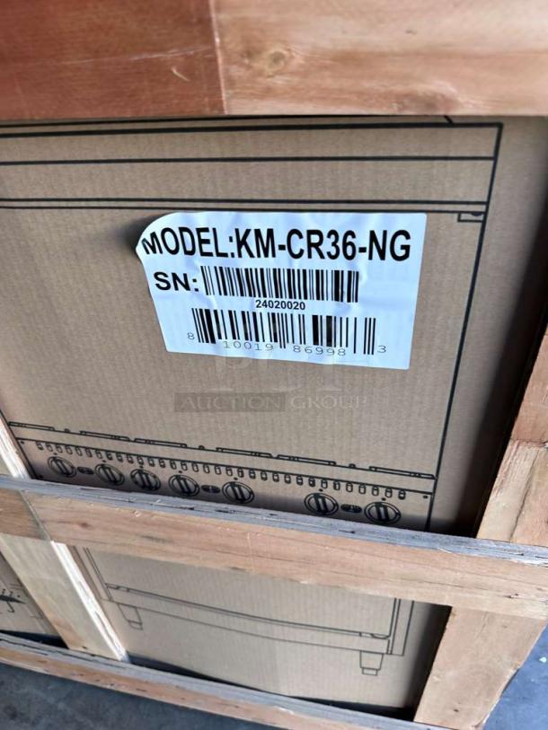 KoolMore 36" Gas Range with Oven, Model KM-CRG36-NG, brand new, scratch and dent, in packaging with visible model label.