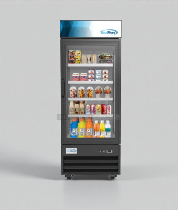 KoolMore One-Door Glass Refrigerator, model MDR-1GD-23C, brand-new with scratch & dent condition, full of beverages.