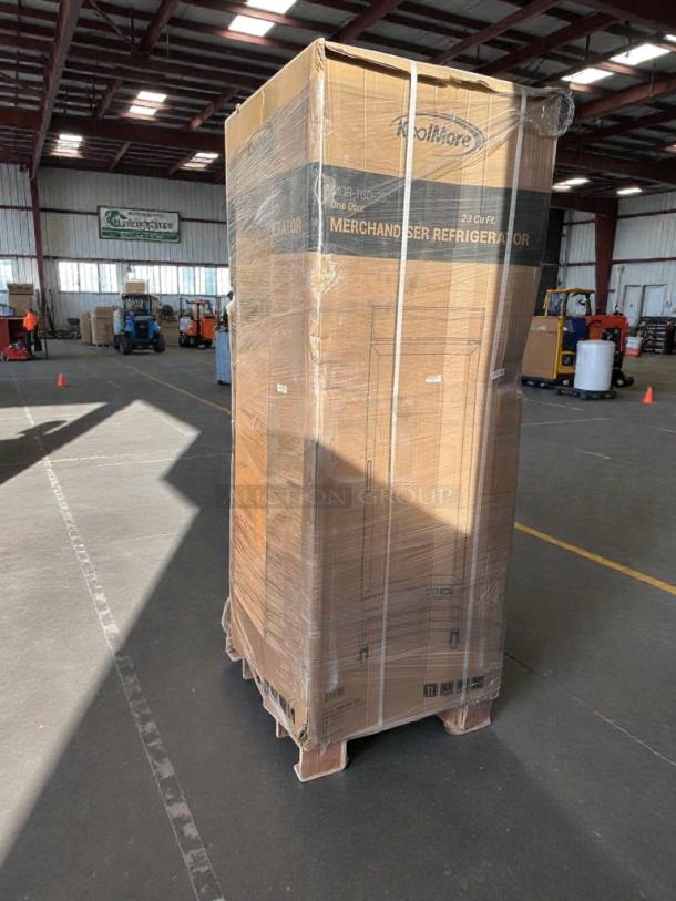 KoolMore MDR-1GD-23C one-door glass merchandiser refrigerator, new condition, scratch & dent, packaged on a pallet.