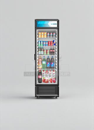 Brand new KoolMore MDR-9CP electric merchandiser refrigerator, 9 cu. ft., glass door, scratch & dent, stocked with drinks.
