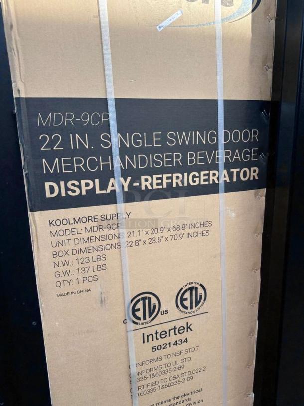 KoolMore MDR-9CP Electric Merchandiser Refrigerator, 9 Cu. Ft., new, single swing door, model and dimensions on packaging.