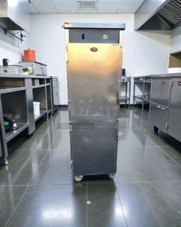 FWE TST-16-EPL full-height heated holding cabinet in outstanding condition, fully tested, visible gauge and logo, stainless steel.