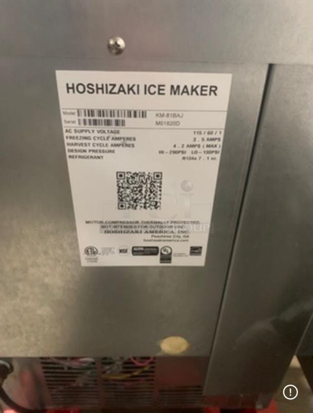 Hoshizaki KM-515BAJ Commercial Ice Maker, 115V, tested and working. Label shows specs and manufacturer details.