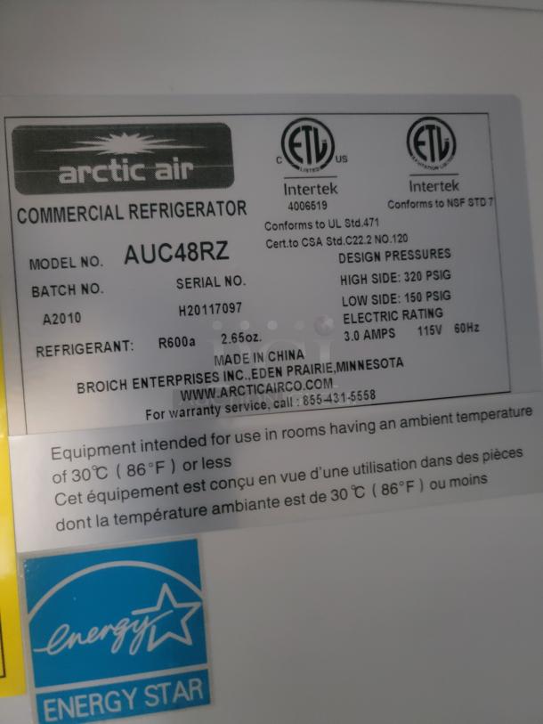 Label on Arctic Air commercial refrigerator model AUC48RZ. Includes ETL certifications, design pressures, and Energy Star logo.