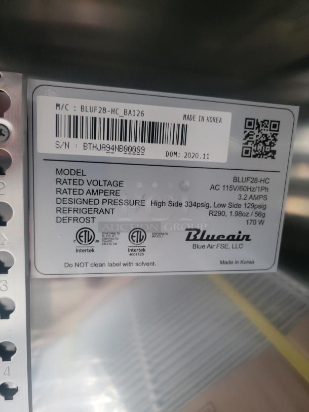 Label on Arctic Air refrigerator, model BLUF28-HC, 115V, 60Hz, 3.2A, refrigerant R290, made in Korea, DOM 2020.11.