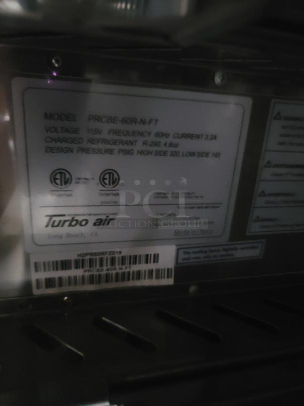 Label on commercial kitchen equipment, model PRCBE-60R-N-FT, 115V, R-290 refrigerant, Turbo Air brand.