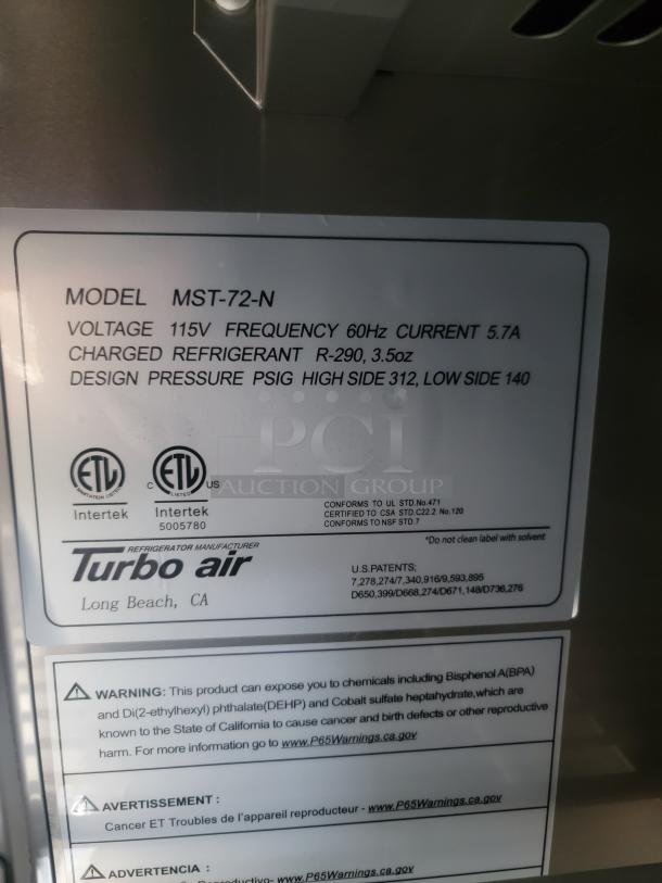 Label from Turbo Air, model MST-72-N, 115V, R-290 refrigerant. Features ETL and Intertek certifications and Prop 65 warning.