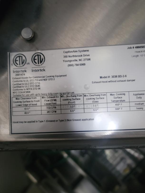 Label on CaptiveAire exhaust hood system showing certifications, model 3036 BD-2-6, and performance specifications.