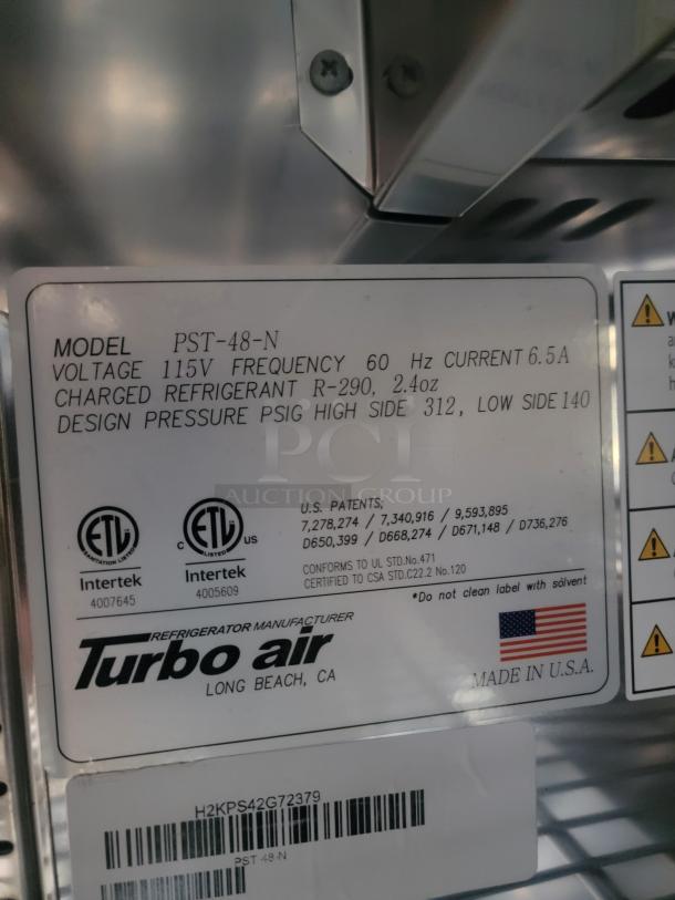 Turbo Air refrigerator label showing Model PST-48-N, voltage 115V, refrigerant R-290, ETL listed, made in USA.