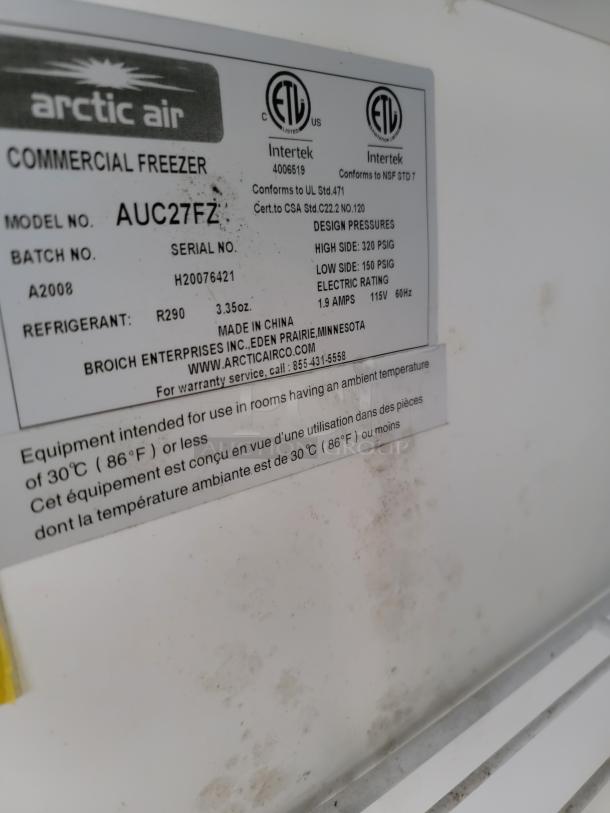 Arctic Air Commercial Freezer label with model AUC27FZ, refrigerant R290, and electrical rating 115V.