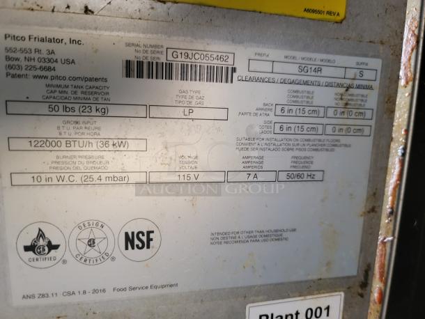 Plaque on Pitco Frialator fryer showing specifications: model SG14R, LP gas, 122,000 BTU/h, 115V, NSF certified.