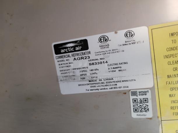 Label on Arctic Air commercial refrigerator model AGR23, serial S833014, 2.7 amps, 115V, made in China.