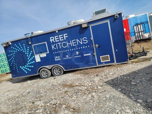 2019 Diamond Cargo 8.5x24 mobile kitchen, blue exterior, visible "REEF KITCHENS" branding, rooftop AC, needs cleaning.