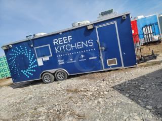 2019 Diamond Cargo 8.5x24 mobile kitchen, blue exterior, visible "REEF KITCHENS" branding, rooftop AC, needs cleaning.