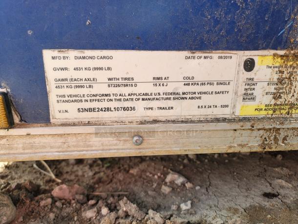 2019 Diamond Cargo 8.5x24 mobile kitchen label with VIN: 53NBE2428L1076036, GVWR: 9990 lbs, model 24, manufactured 08/2019.