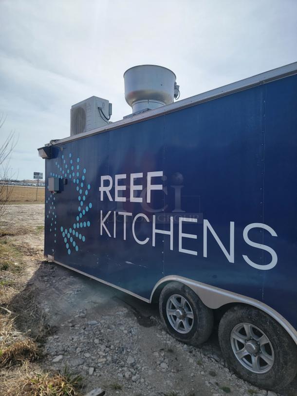 2019 Diamond Cargo 8.5x24 mobile kitchen with commercial equipment, needs cleaning, blue exterior with "Reef Kitchens" logo.