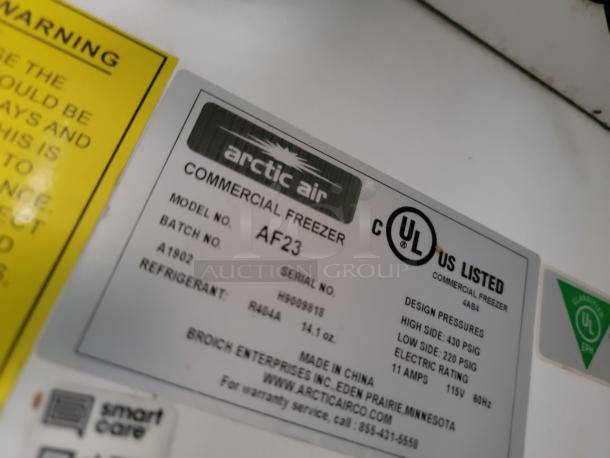 Arctic Air Commercial Freezer label, Model AF23. UL listed, 115V, 11 amps, design pressure info, made in China.