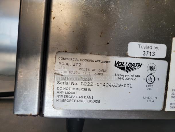 Label on commercial cooking appliance, Model JT2 by Vollrath. Indicates 120V, 1700W, Serial No. L222-01424639-001. Made in USA.