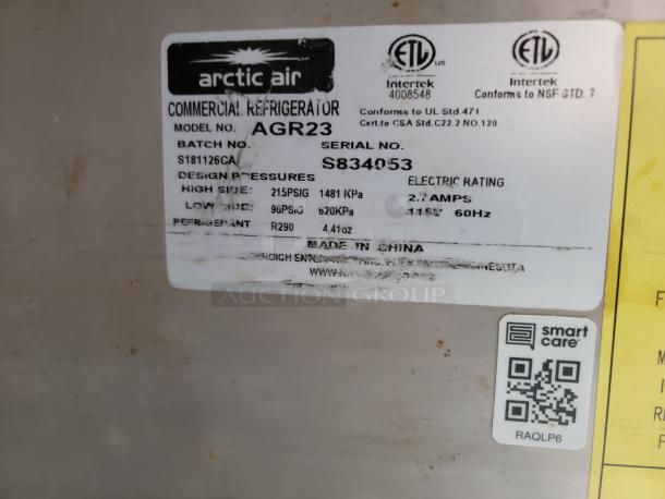 Label for Arctic Air commercial refrigerator model AGR23, serial S834053, electric rating 2.7 amps, 115V 60Hz.