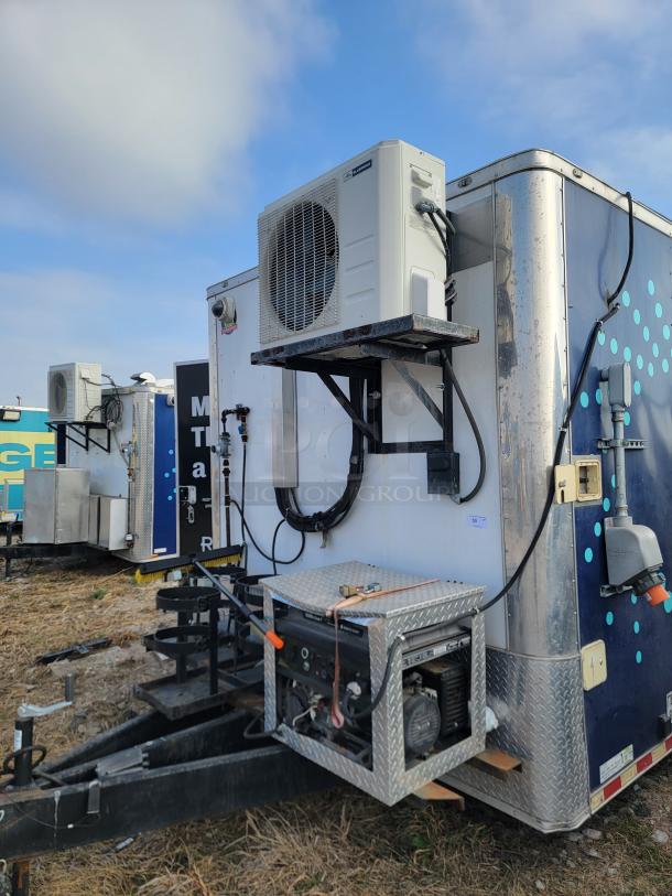 2019 Diamond Cargo 24' mobile kitchen trailer with dual axles, air conditioning unit, and exterior generator. Needs minor repairs.