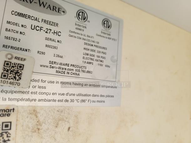 Label on Serv-Ware commercial freezer model UCF-27-HC, serial 9002263, uses R290 refrigerant. Made in China.