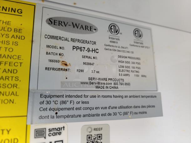 Serv-Ware commercial refrigerator label showing model PP67-9-HC, refrigerant R290, electric rating 5.0 amps, 115V, 60Hz.