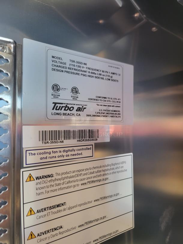 Turbo Air refrigeration unit label, model TSR-35SD-N6. Features voltage details, refrigerant info, and UL certification.