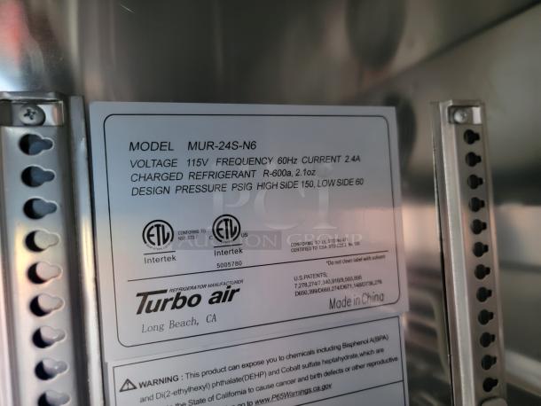 Label on Turbo Air model MUR-24S-N6, voltage 115V, frequency 60Hz. Markings include ETL, Intertek, and manufacturing details.