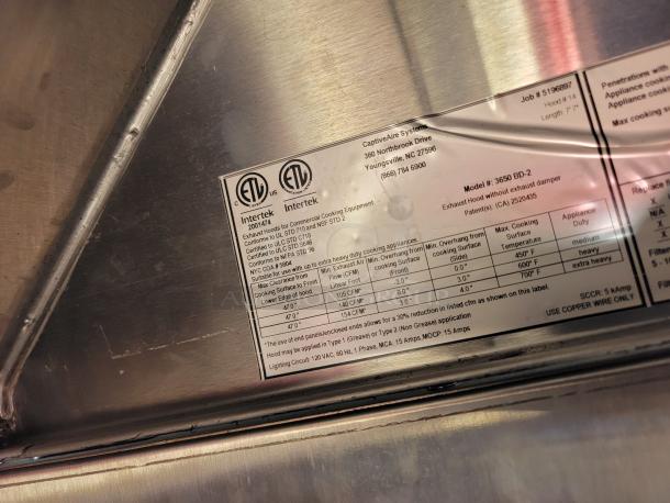 Label on Wendy’s 28' Rock Solid Cargo mobile kitchen, showing Intertek certification, model 3650 BD-2, and technical specs.