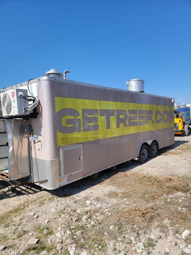 2019 Peach Cargo 24' mobile kitchen trailer with LG unit, ventilation system, "GETREEF.COM" branding, and VIN 7FRVC24D4KA002465.