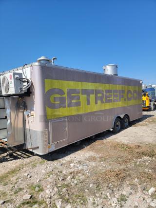 2019 Peach Cargo 24' mobile kitchen trailer with LG unit, ventilation system, "GETREEF.COM" branding, and VIN 7FRVC24D4KA002465.