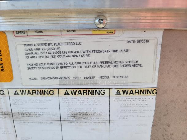 2019 Peach Cargo mobile kitchen label with specifications: GWVR 4468 kg, GAWR 2234 kg, VIN 7FRVC24D4KA002465.