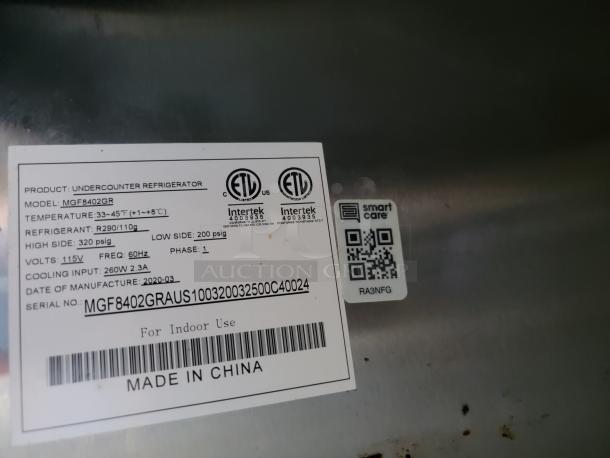 Undercounter Refrigerator Label: Model MGF8402GR, Temp 33-45°F, R290/110g refrigerant, 115V, 60Hz, Made in China.