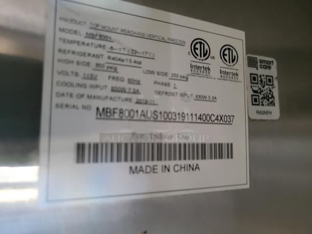 Label on freezer with model MBF8001, temperature range -9°F to 7°F, refrigerant R404A, and manufacturing details.