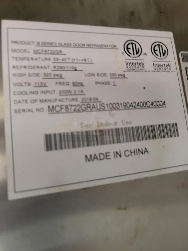 Label on refrigeration unit, model MCF8720GR, 33-45°F, R290 refrigerant, 115V, ETL certified, made in China. Serial: MCF872GRAUS100319042400C40004.