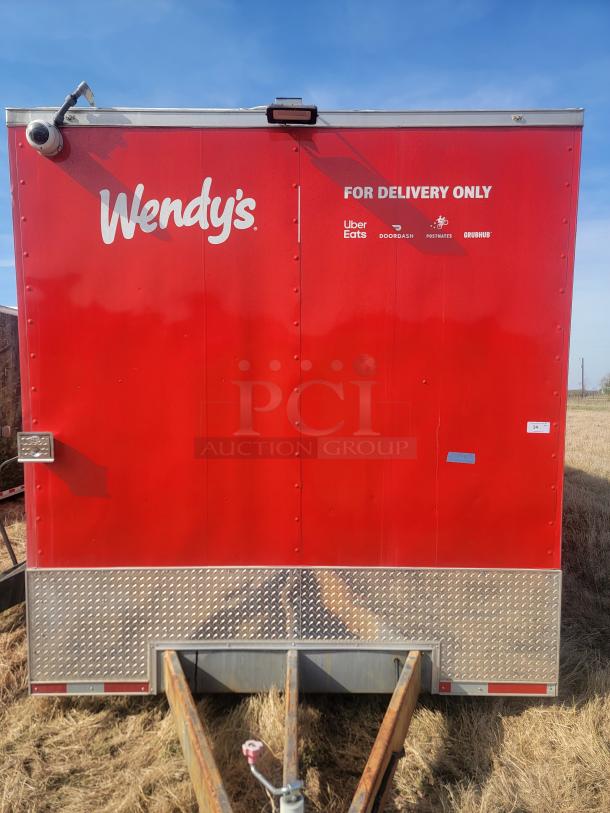 2021 Titanium Cargo 28' Triple Axle Mobile Kitchen, red with Wendy's branding, security cameras, delivery service logos.