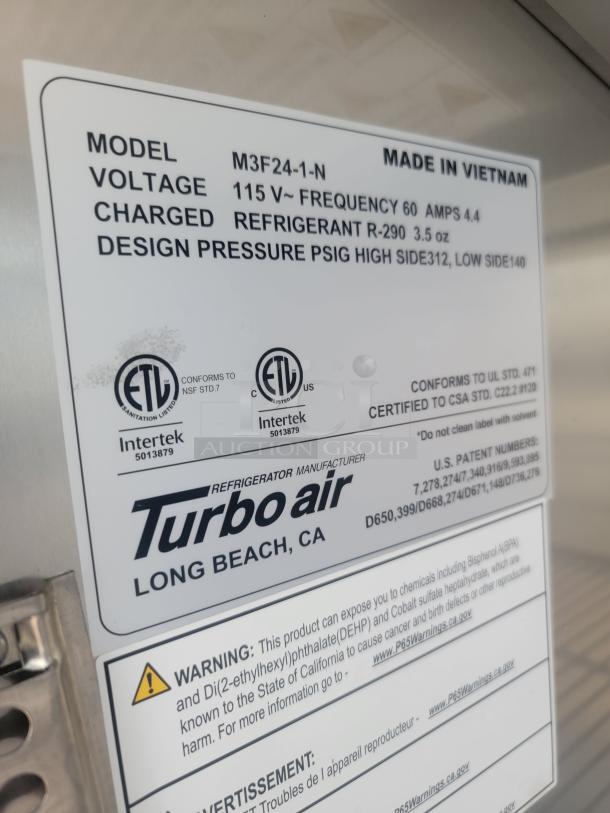 Label on a Turbo Air refrigeration unit, showing model M3F24-1-N, voltage 115V, and refrigerant details. Made in Vietnam.