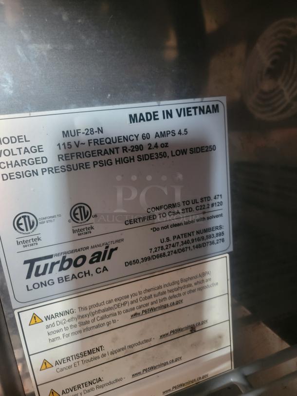 Label on appliance reads "Turbo Air, Long Beach, CA," showing model MUF-28-N. Indicates 115V, 60Hz, and Made in Vietnam.