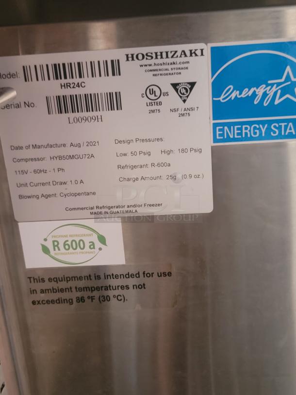 Hoshizaki model HR24C label indicating 2021 manufacture, R-600a refrigerant, UL listed, made in Guatemala.