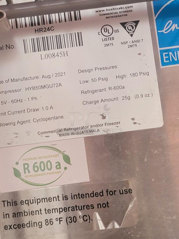 Label showing specifications for a Hoshizaki commercial refrigerator, model HR24C, manufactured August 2021. Uses R-600a refrigerant.