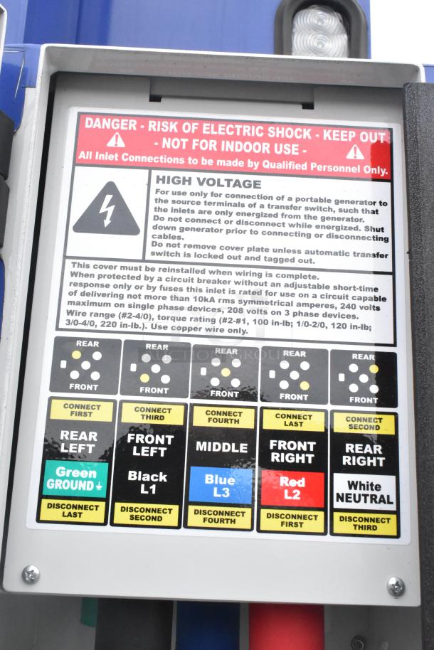 Warning label and connection instructions panel for electrical generator. Advises use by qualified personnel only. Contains high voltage alerts and connection sequence.