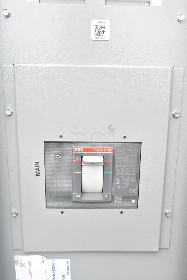 Industrial-grade electrical panel with ABB SACE Tmax main breaker, featuring on/off toggle and QR code.