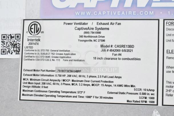Label on CaptiveAire Systems exhaust fan; Model CASRE13BD, 0.750 HP, 208 VAC, 60 Hz, 3 phase. Certifications listed.