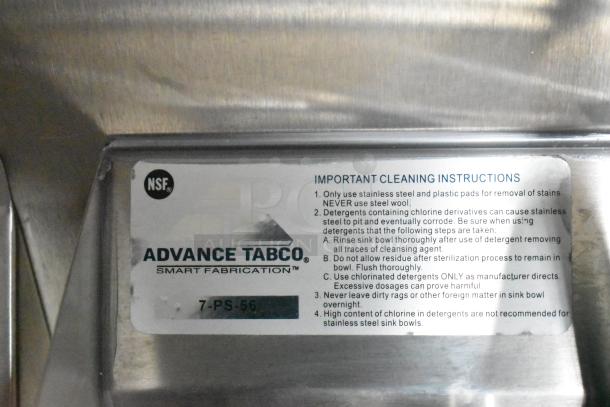 Advance Tabco cleaning instructions on stainless steel, detailing maintenance for sinks. NSF certified. Model: 7-PS-56.
