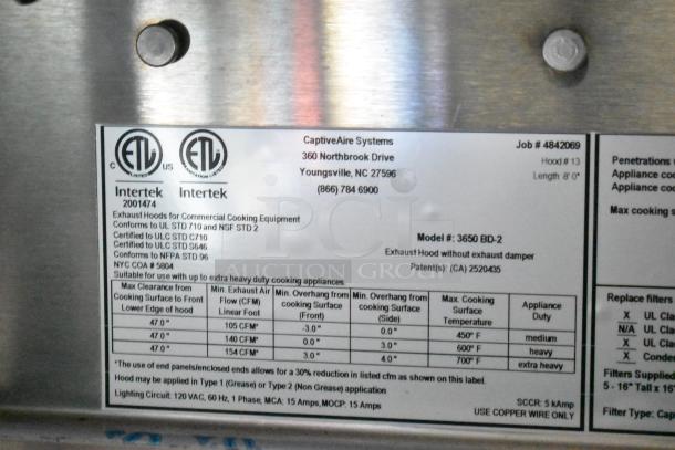 CaptiveAire grease hood label, model 3650 BD-2, conforming to UL and NFPA standards. Suitable for heavy-duty use.