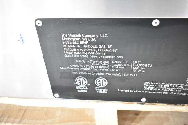 Vollrath GGHDM-48 griddle label showing model, 120,000 BTU, gas type, orifice size, pressure details, and certifications.