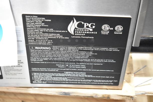 Cooking Performance Group 72" griddle label, model GT-CPG-72-NL, 180,000 BTU, natural gas, thermostatic controls. Serial #2508060459.